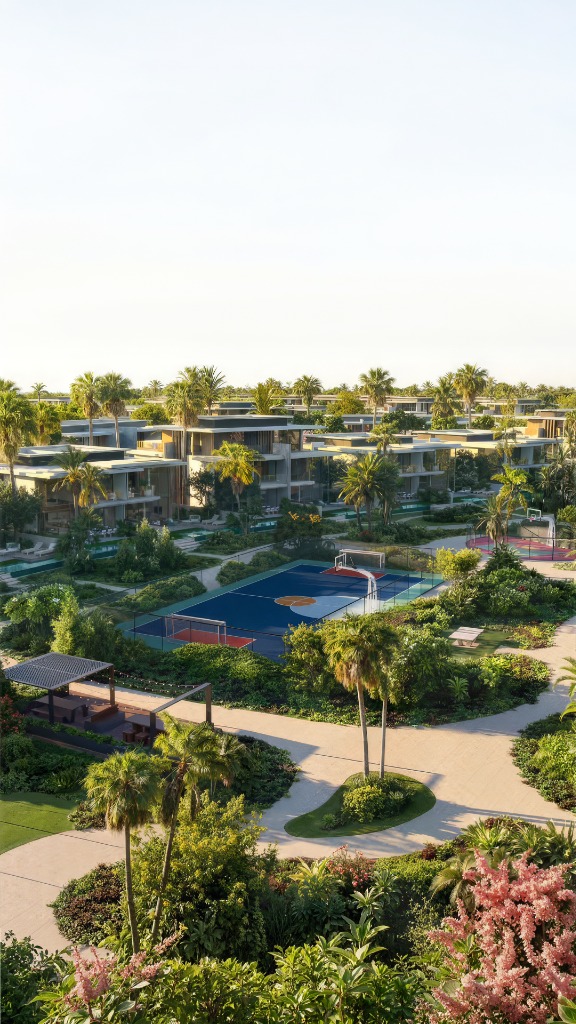 Palm-lined villa community with landscaped paths and sports courts