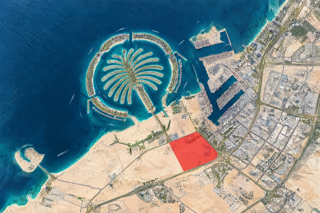 Aerial location illustration with a highlighted site near the palm-shaped island